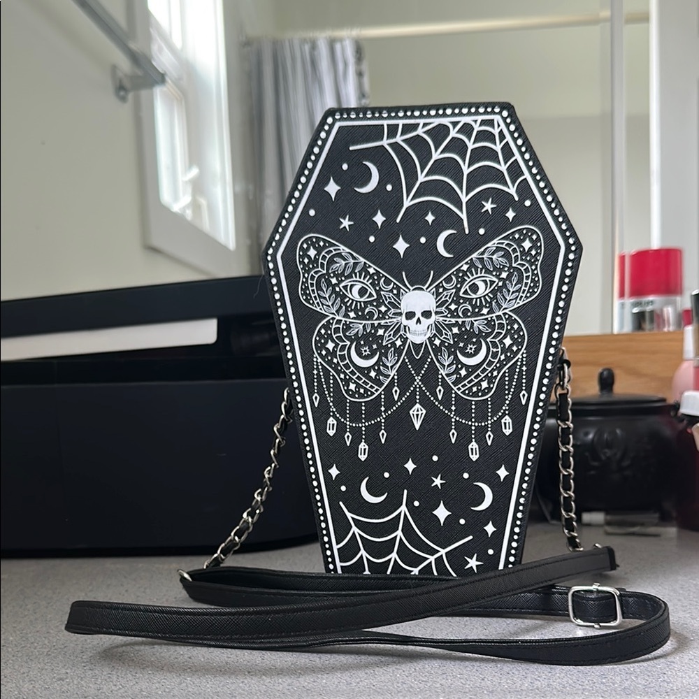 Claire's Black and White Crossbody Bag with Gothic Design - Picture 2 of 2